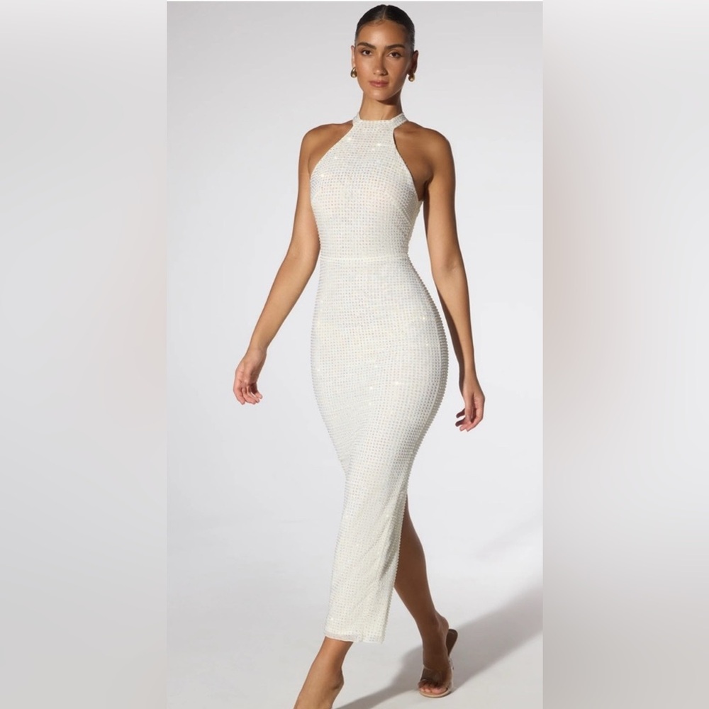 Oh Polly Sarita Embellished Halter Neck Low Back Evening Gown in Ivory